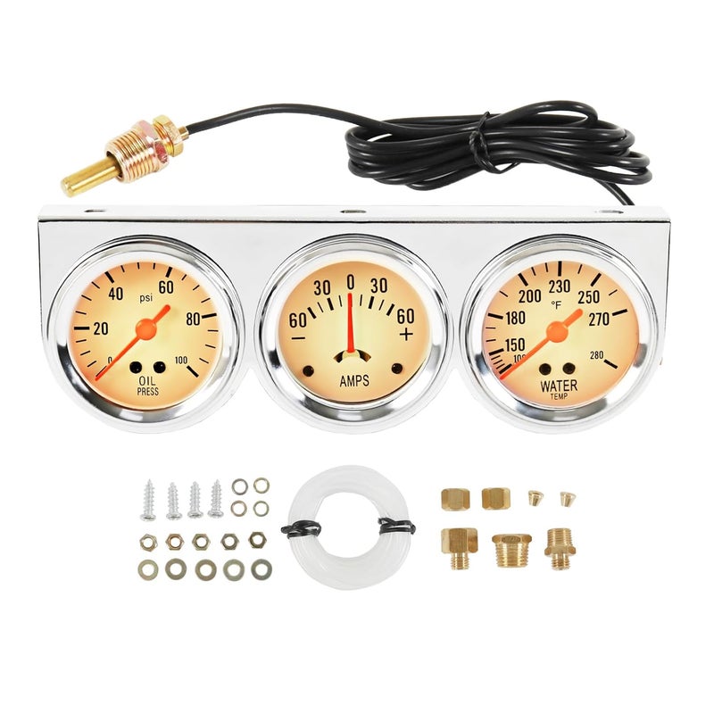 JDMSPEED 2" 52mm Triple Gauge Set Kit (Oil Pressure + Water Temperature + AMP Meter) 3-in-1 - Image 1